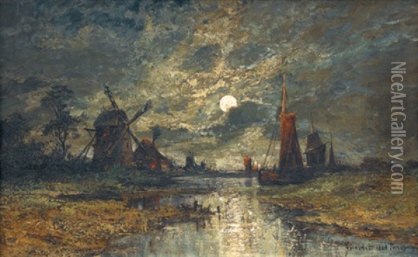 Nachtliche Flusspartie Mit Windmuhlen Oil Painting - Henri Girardet