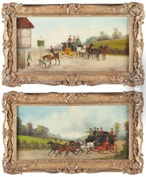 Untitled (coach And Four With Passengers Passing An Open Field) (+ Another; Pair) Oil Painting - Philip H. Rideout