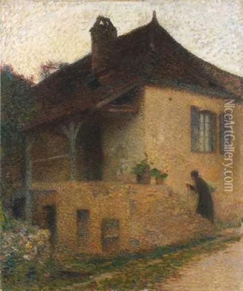 Femme Avec Un Baluchon Montant Des Marches Accedant Au Porche D'une Maison Oil Painting - Henri Martin
