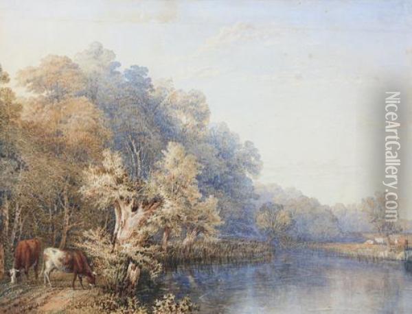 Cattle Watering By A River Oil Painting - Thomas Baker Of Leamington