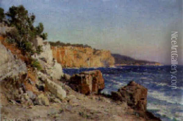 A Rocky Coastal Landscape Oil Painting - Paulin Andre Bertrand