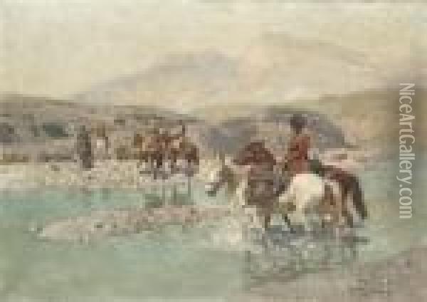 Cossacks Crossing A River Oil Painting - Franz Roubaud