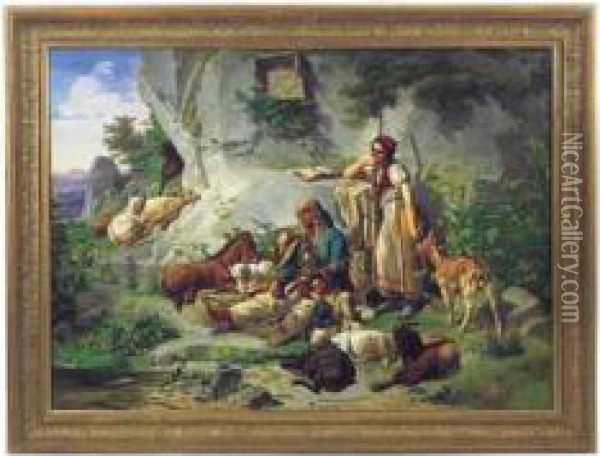 Chevriere Et Musicien Italien Au Pied D'un Oratoire. Oil Painting - Franz Bohumir Zverina