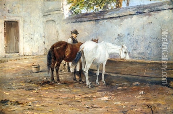 Watering Oil Painting - August Xaver Carl von Pettenkofen