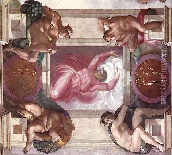 Separation of Light from Darkness (with ignudi and medallions) 1511 Oil Painting - Michelangelo Buonarroti