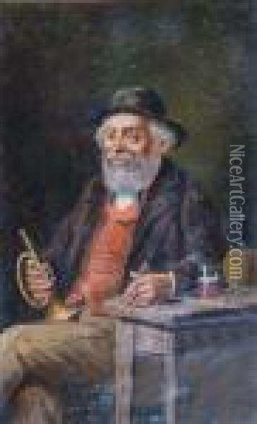 An Elderly Man Seated Holding A Pipe In One Hand And A Cornet In The Other Oil Painting - Henry Wright Kerr