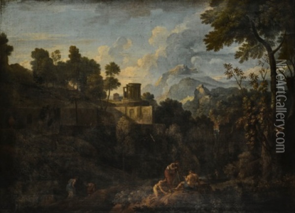 Landscape With The Temple Of Vesta, Tivoli, With Figures Resting On The Bank Of The River Oil Painting - Jan Frans van Bloemen