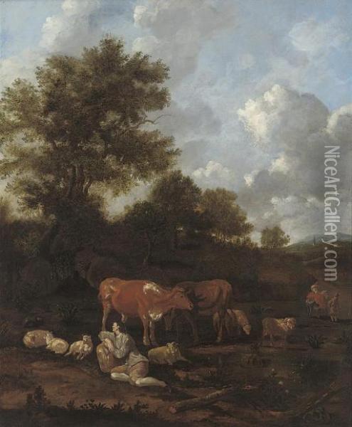 A Wooded Landscape With Drovers And Their Cattle Oil Painting - Adrian Van De Velde
