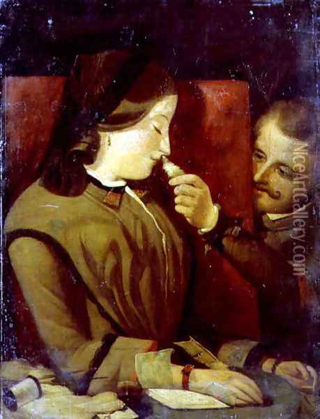 Man Tickling a Woman's Nose with a Feather, c.1860 Oil Painting - Thomas Wade