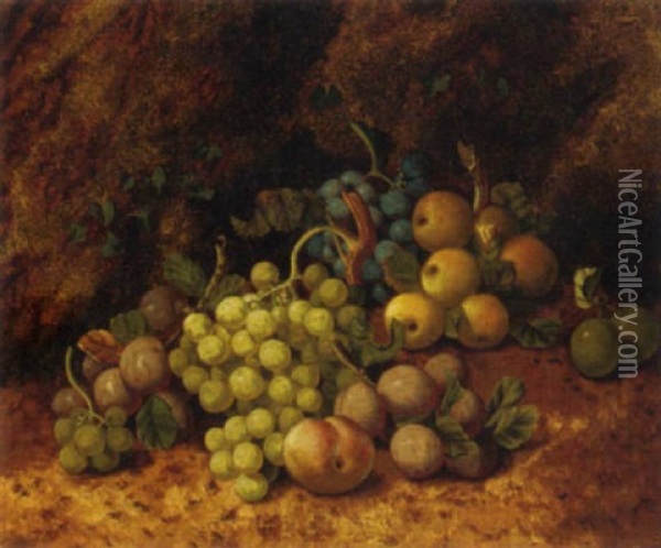 Plums, Apples, Grapes And A Peach, On A Mossy Bank Oil Painting - Henry John Livens