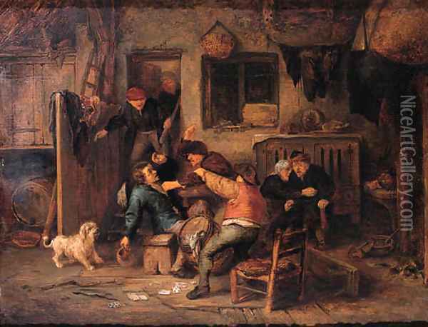 Boors fighting over a game of cards in a barn Oil Painting - Adriaen Jansz. Van Ostade