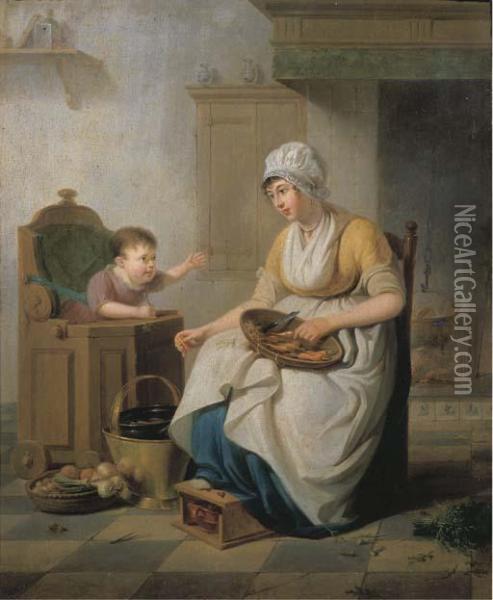 A Small Child In A High Chair With A Servant Cleaning Vegetablesseated Nearby, In A Kitchen Interior Oil Painting - Pieter Fontijn