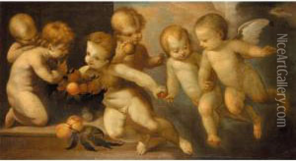 Putti Playing With A Basket Of Peaches Oil Painting - Guglielmo Caccia
