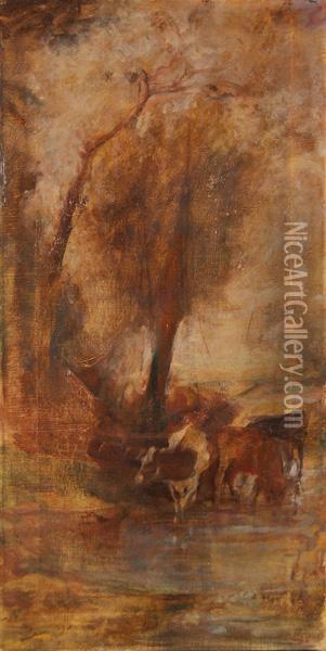 Mucche All'abbeverata Oil Painting - Antonio Fontanesi
