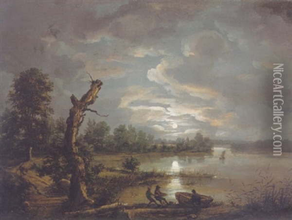 Esrom Lake, Moonlight Oil Painting - Johan Christian Dahl