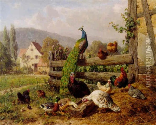 Fowl In Farmland Oil Painting - Carl Jutz the Elder