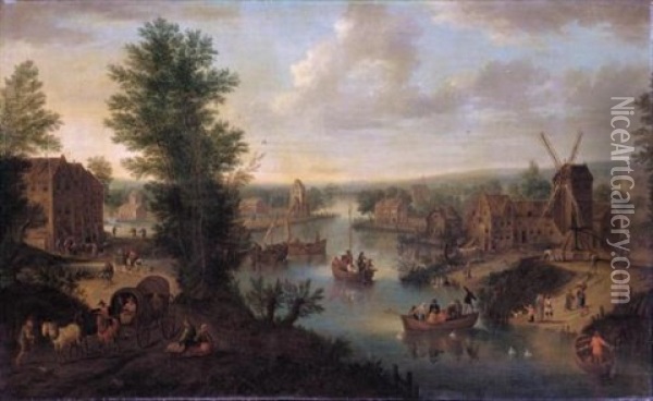 A River Landscape With Village Buildings Including A Windmill On The Right Bank, Numerous Figures And Ferries And Other Boats Oil Painting - Joseph van Bredael
