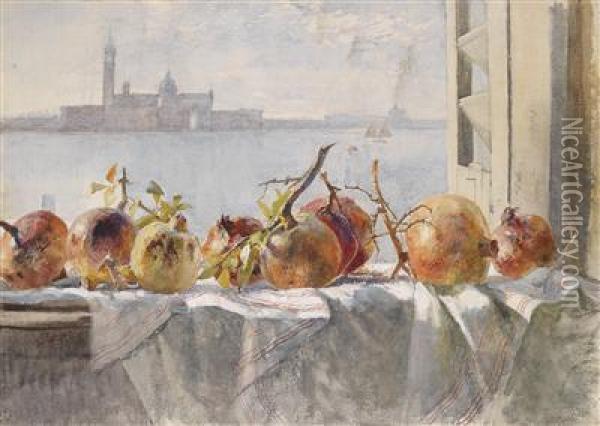 A Pomegranate On A Window Sill Oil Painting - Marie Egner