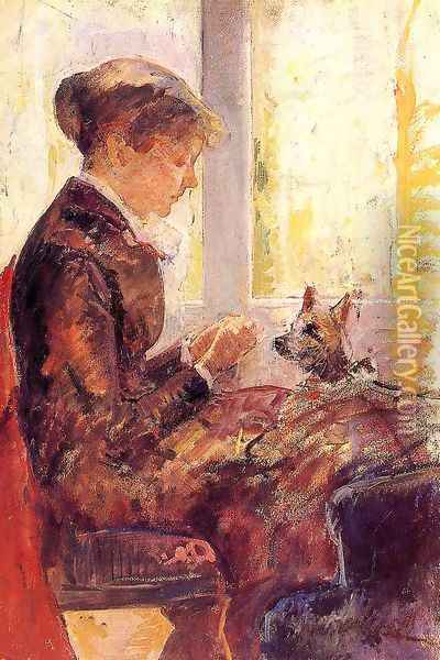 Woman By A Window Feeding Her Dog Oil Painting - Mary Cassatt