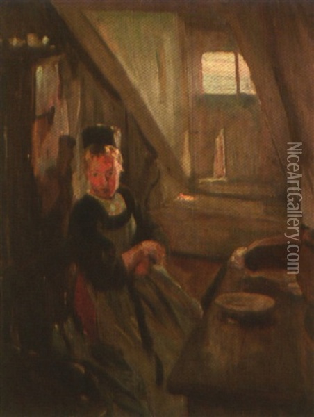 Jeune Bretonne Du Pourlet Dans Son Interieur Oil Painting - Adolphe Ernest Gumery