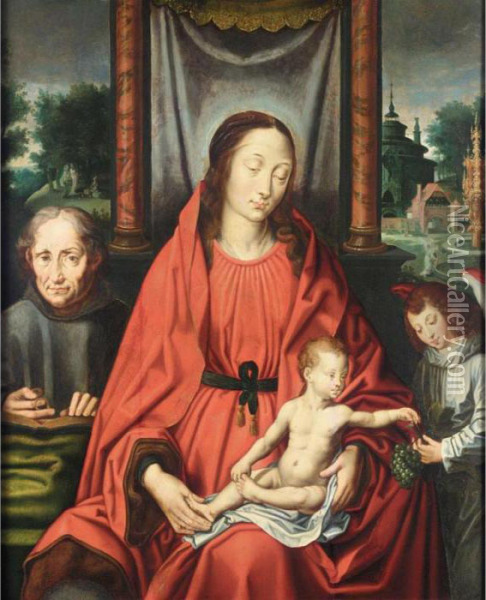 The Holy Family With An Angel Offering The Christ Child A Bunch Of Grapes Oil Painting - Joos Van Cleve