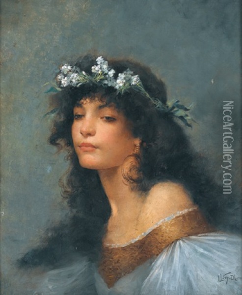 Junge Frau Mit Blumenkranz Im Haar Oil Painting - Lucien Levy-Dhurmer