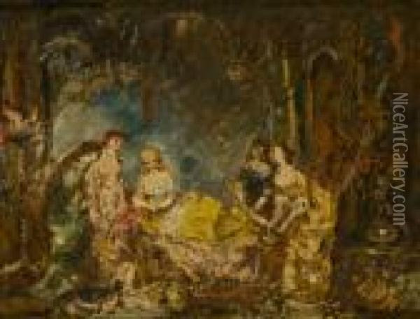 Courtisanes Au Perroquet Oil Painting - Adolphe Joseph Th. Monticelli