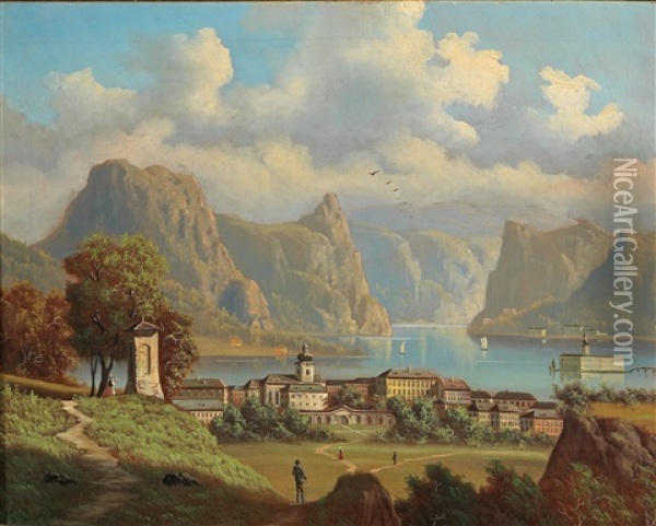 View Of Gmunden And Ort Castle Near Traunsee Oil Painting - Johann Wilhelm Jankowski