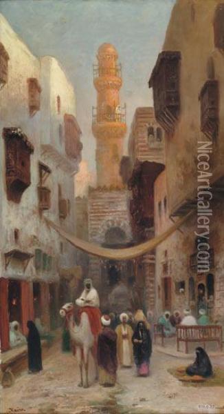L'appel Du Muezzin Dans Une Rue Du Caire Oil Painting - Frans Wilhelm Odelmark