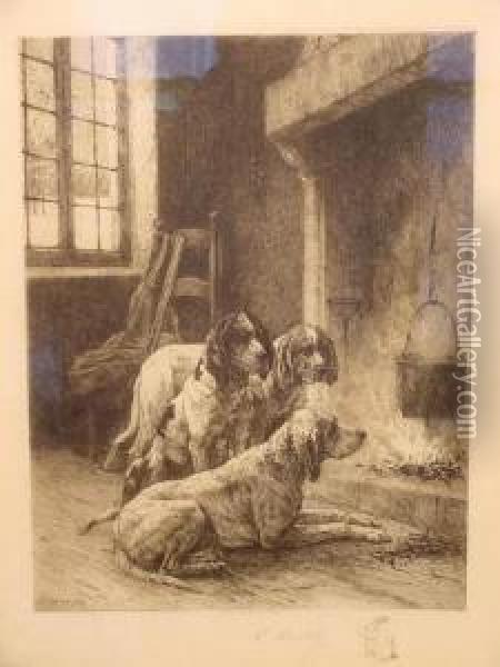 Hounds Before The Fire Oil Painting - Charles Louis Kratke