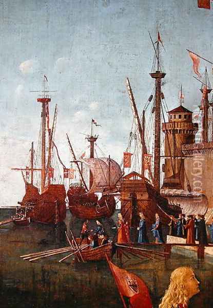 The Departure of the Pilgrims, detail from The Meeting of Etherius and Ursula and the Departure of the Pilgrims, St. Ursula Cycle, 1498 Oil Painting - Vittore Carpaccio