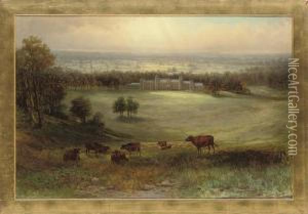 Cattle On A Hillside, A Country House In The Distance Oil Painting - Samuel Lawson Booth