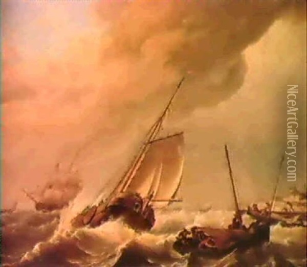 Shipping On A Rough Sea Oil Painting - Johannes Hermanus Koekkoek