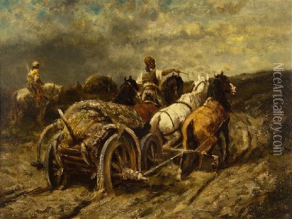 Horse Drawn Wagon Oil Painting - Adolf Schreyer