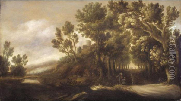 A Wooded River Landscape With Figures Conversing Beside A Track In The Foreground Oil Painting - Jan Wildens