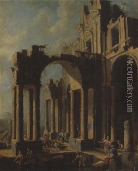 Peasants Amongst Classical Ruins Oil Painting - Pietro Cappelli