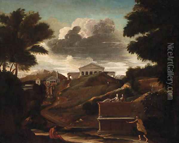 A classical Landscape with Figures by a Tomb, a Temple beyond Oil Painting - Nicolas Poussin