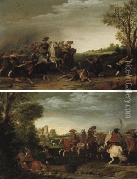 A Cavalry Skirmish Near A Bridge (+ A Cavalry Skirmish Near A River; Pair) Oil Painting - Pieter de Neyn