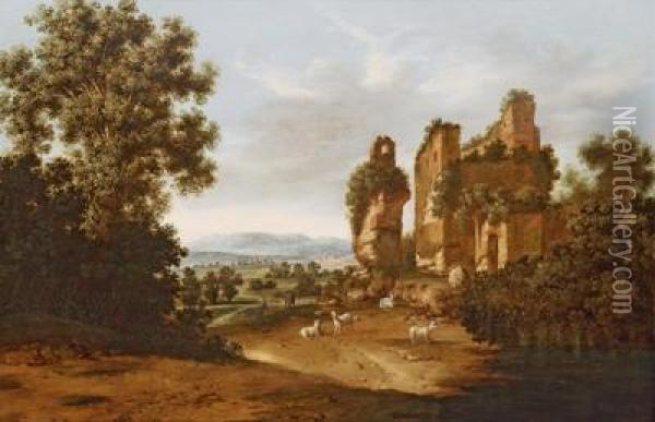 Io Con Rovine E Gregge Di Pecore Oil Painting - Jacobus Sibrandi Mancandan
