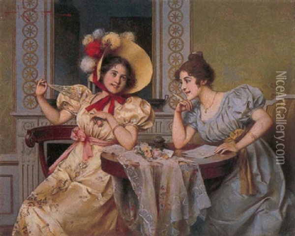 Composing The Love Letter Oil Painting - Adriano Cecchi