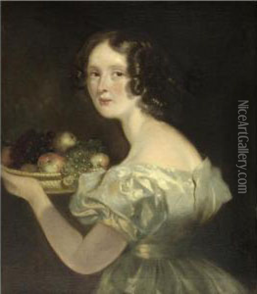Young Woman With A Bowl Of Fruit Oil Painting - George Henry Harlow