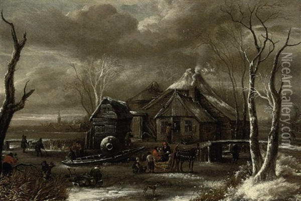 A Winter Landscape With Figures Chopping Wood And Sleighing On A Frozen River Near An Inn Oil Painting - Salomon Rombouts