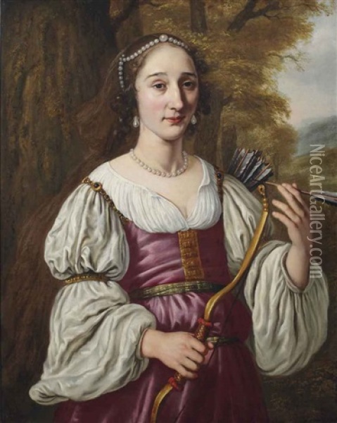 Portrait Of A Young Lady As Diana, Half-length, In A Violet Dress And Pearl Jewellery, Holding A Bow And Quiver Oil Painting - Jan Victors