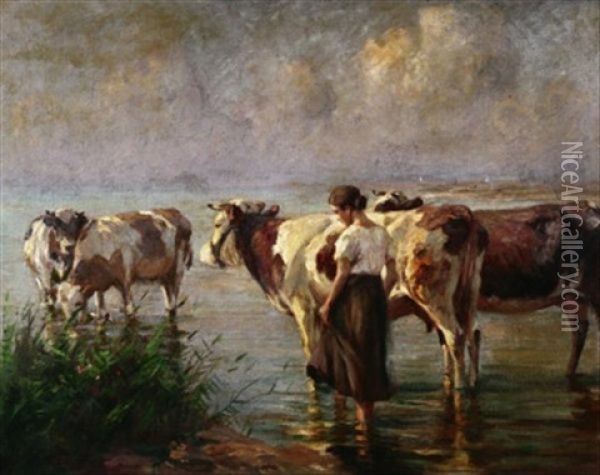 Viehhirtin Bei Ihren Kuhen Am Flusufer Oil Painting - Johann Daniel Holz