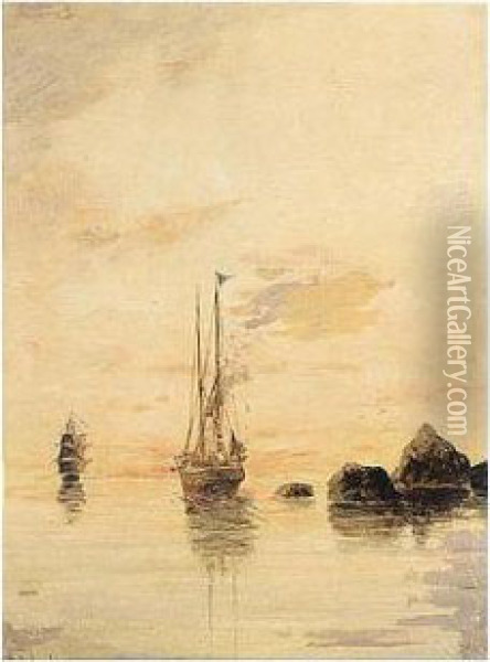 Sailing Boats At Sunset Oil Painting - Constantinos Volanakis