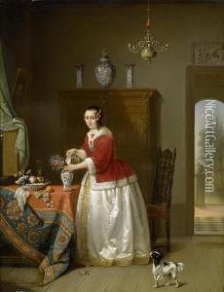 An Interior Scene With A Lady Watering Flowers Oil Painting - Alexis van Hamme