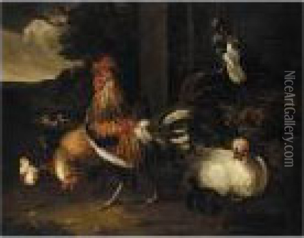 A Cockerel, Hens And Chicks In A Parkland Landscape Oil Painting - Melchior de Hondecoeter