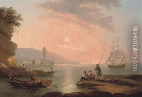 A Capriccio Of A Mediterranean Harbour At Dusk Oil Painting - Claude-joseph Vernet