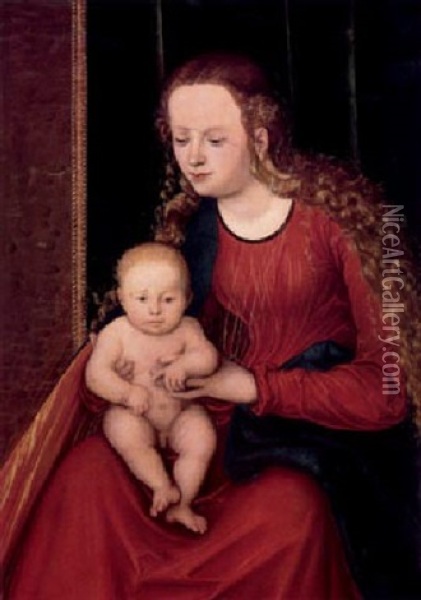 Maria Mit Dem Kind Vor Einem Dunkelgrunen Samtvorhang Oil Painting - Lucas Cranach the Elder