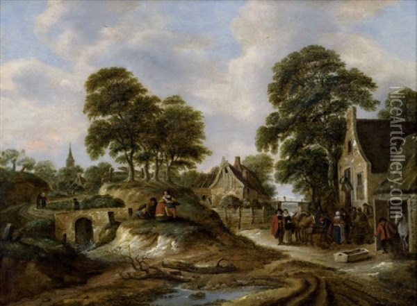 Landschaft Mit Einem Dorf Und Bauerlicher Staffage Vor Einer Herberge Oil Painting - Nicolaes Molenaer
